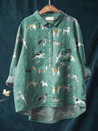 ZOFIA ATELIER green spandex shirt with all-over vintage dog print, collared, button-up front, and sleeveless design.