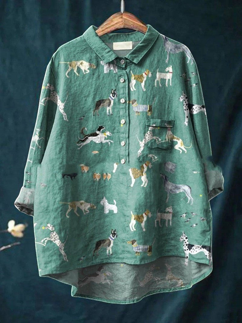 ZOFIA ATELIER green spandex shirt with all-over vintage dog print, collared, button-up, sleeveless design.