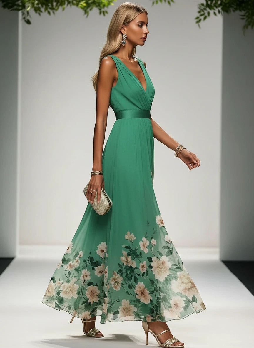 ZOFIA ATELIER sleeveless V-neck green gown with floral print hem and high waist. Polyester.