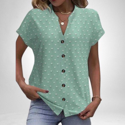 ZOFIA ATELIER light green jacquard V-neck blouse with short sleeves and button front
