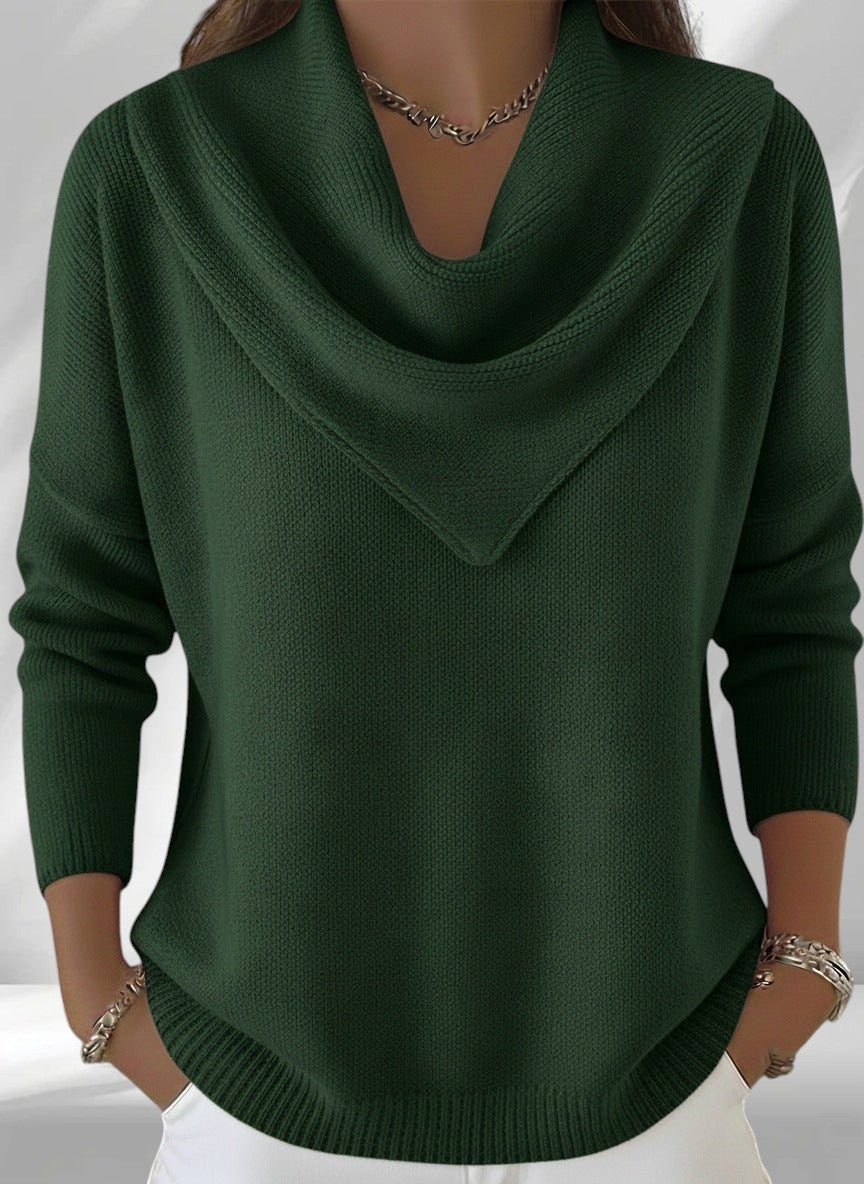 ZOFIA ATELIER dark green polyester knit sweater top with cowl neck and loose fit