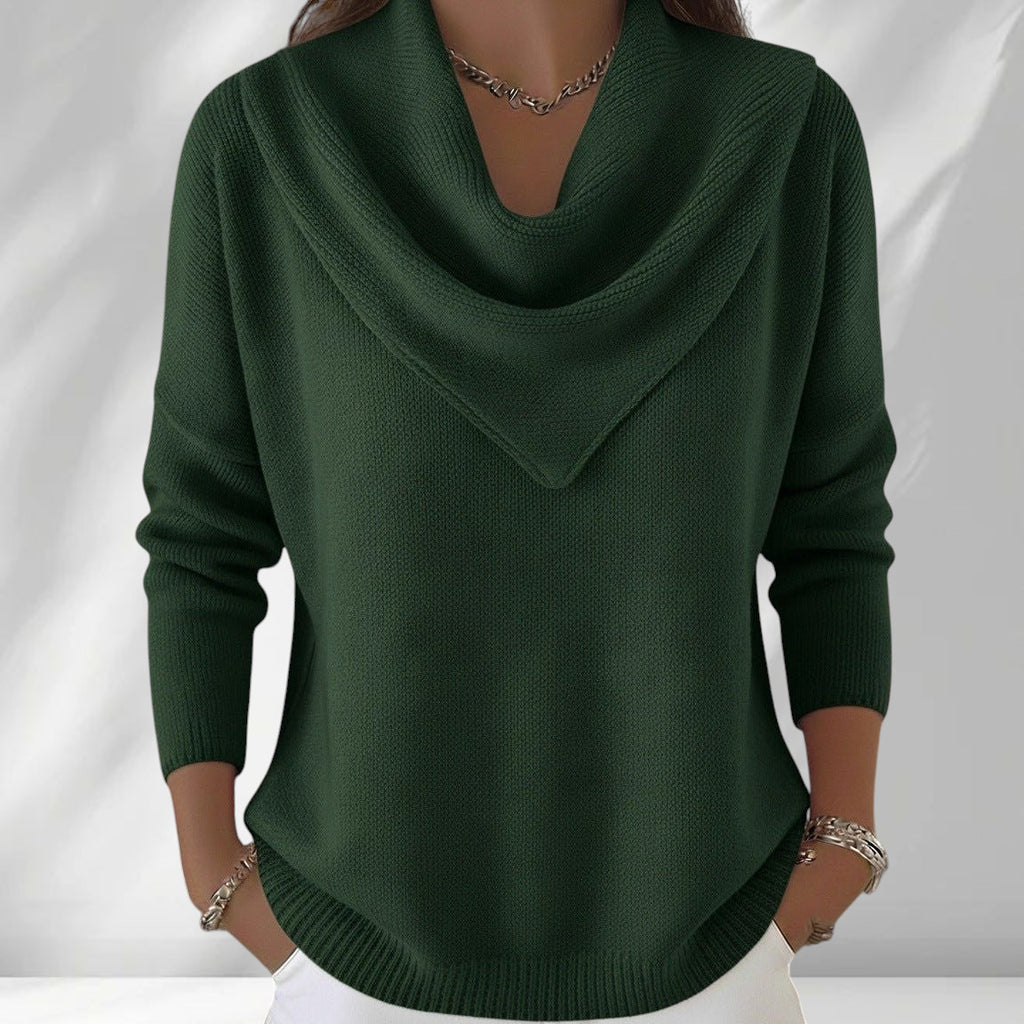 ZOFIA ATELIER dark green polyester knit sweater top with cowl neck and loose fit