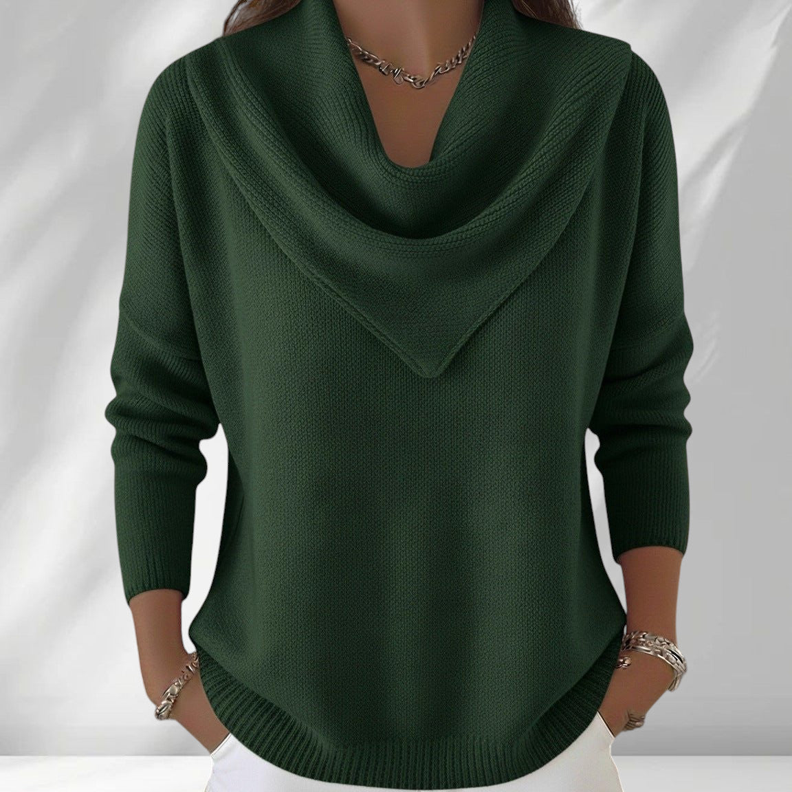 ZOFIA ATELIER dark green polyester knit sweater top with cowl neck and loose fit