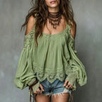 ZOFIA ATELIER Gabriela green lace blouse with puff sleeves, cold shoulders, and ruffle trim. Loose fit.