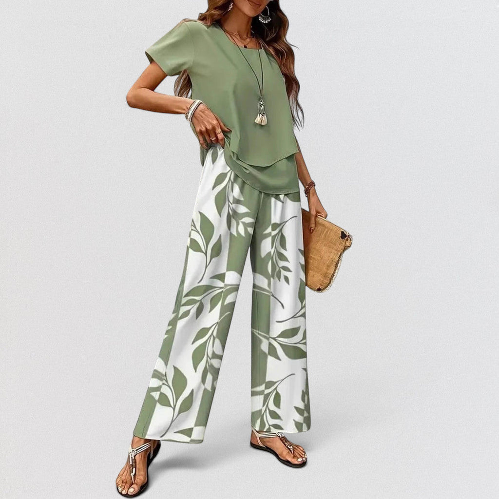 ZOFIA ATELIER women's green polyester top and wide-leg pants set with leaf print