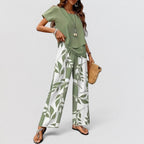 ZOFIA ATELIER women's green polyester top and wide-leg pants set with leaf print