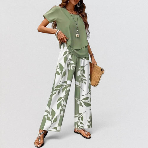 ZOFIA ATELIER women's green polyester top and wide-leg pants set with leaf print