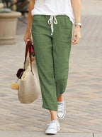 ZOFIA ATELIER green linen-blend drawstring pants with elastic waist and cropped leg