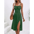 ZOFIA ATELIER green polka dot polyester midi dress with spaghetti straps and high slit