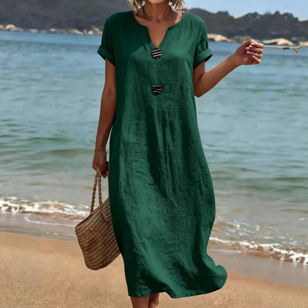 ZOFIA ATELIER dark green polyester short sleeve midi dress with decorative buttons, loose fit, perfect for travel and everyday wear.