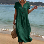 ZOFIA ATELIER dark green polyester short sleeve midi dress with decorative buttons, loose fit, perfect for travel and everyday wear.
