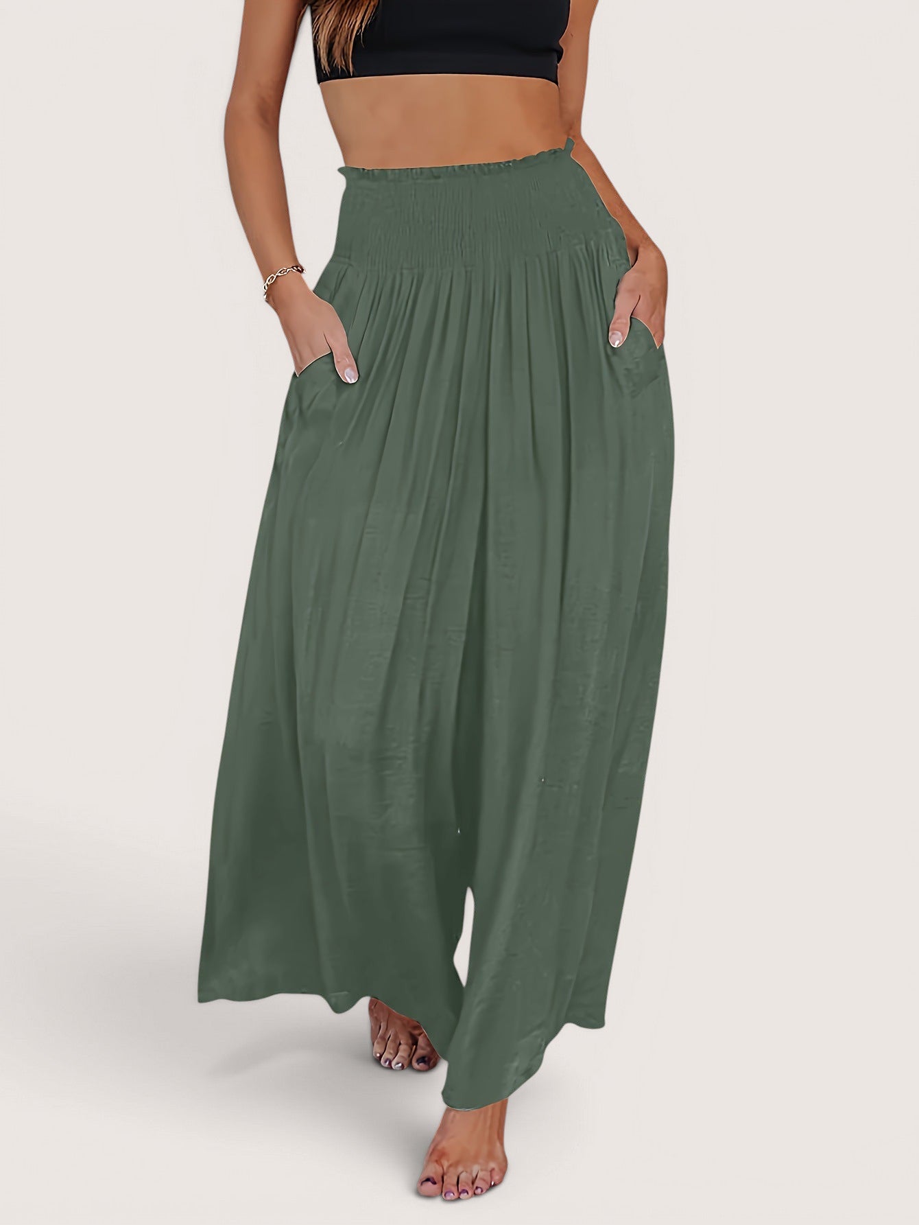 ZOFIA ATELIER green polyester smocking waist casual trousers with pockets
