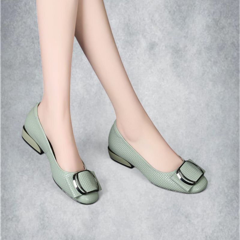 ZOFIA ATELIER light green PU leather square-toe slip-on shoes with decorative buckle detail.