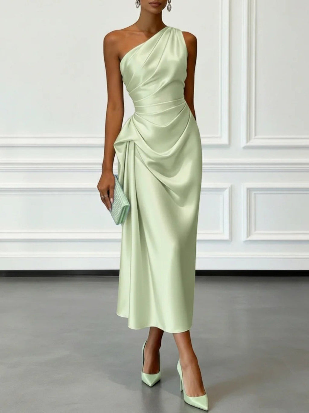 ZOFIA ATELIER light green satin one-shoulder midi dress with waist-cinching detail and draped skirt.