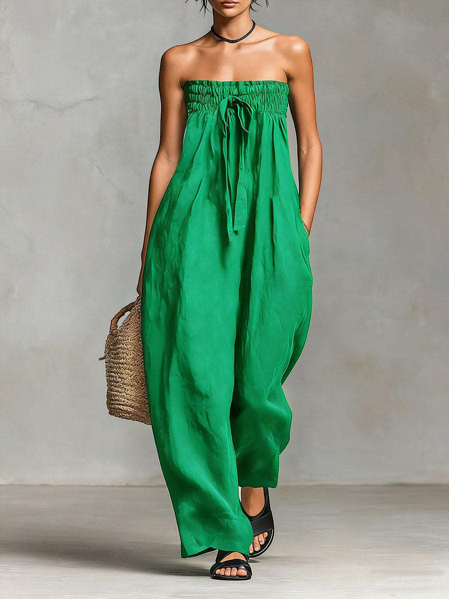 ZOFIA ATELIER green ruched strapless polyester jumpsuit with tie waist and wide legs