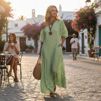 ZOFIA ATELIER green and white striped off-shoulder maxi dress made of polyester with short sleeves and pockets.