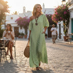 ZOFIA ATELIER green and white striped off-shoulder maxi dress made of polyester with short sleeves and a flowing silhouette.