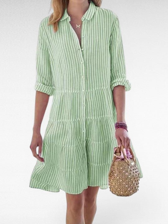 ZOFIA ATELIER green and white striped polyester shirt dress with lapel neckline and tiered skirt.