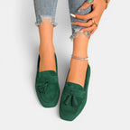 ZOFIA ATELIER green suede slip-on loafers with tassels and square toe, low heel, for casual wear.