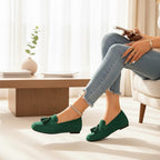 ZOFIA ATELIER green suede slip-on loafers with tassels and square toe, low heel, for casual wear.