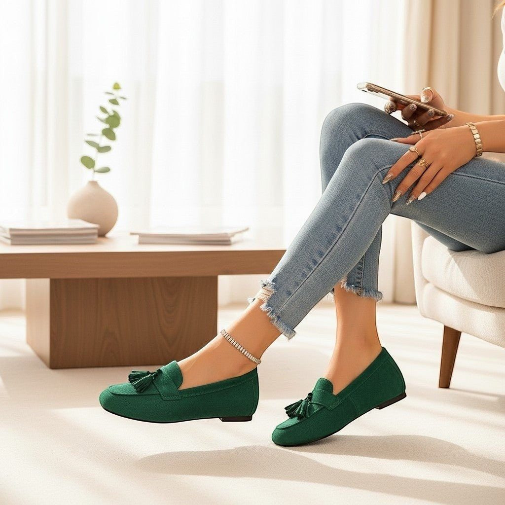 ZOFIA ATELIER green suede slip-on loafers with tassels and square toe, low heel, for casual wear.