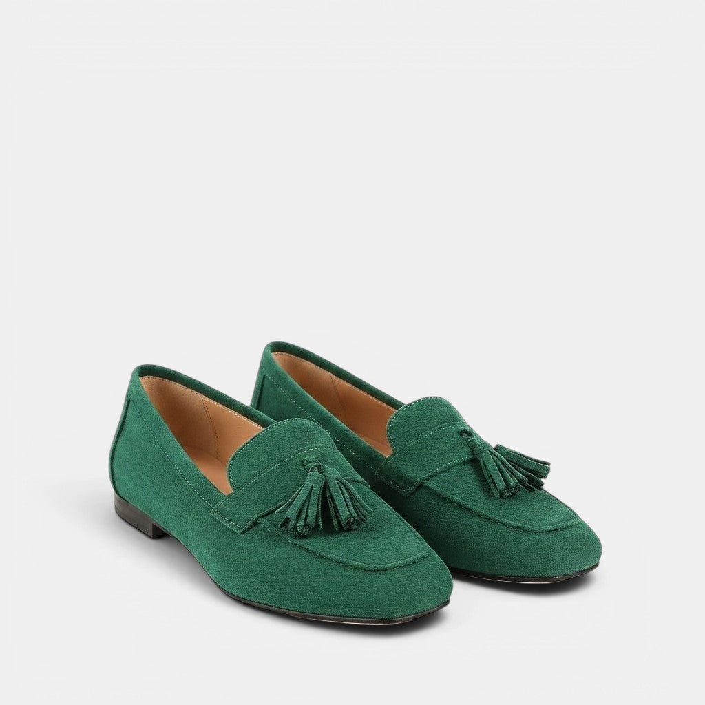 ZOFIA ATELIER green suede slip-on loafers with tassels and square toe, low heel, for daily wear.