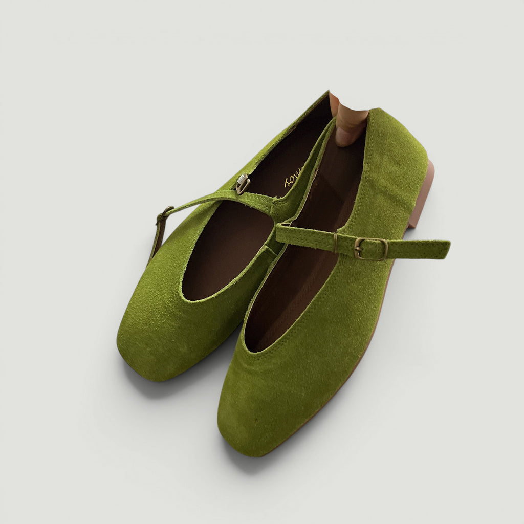 ZOFIA ATELIER green suede flat square toe Mary Jane pumps with buckle strap