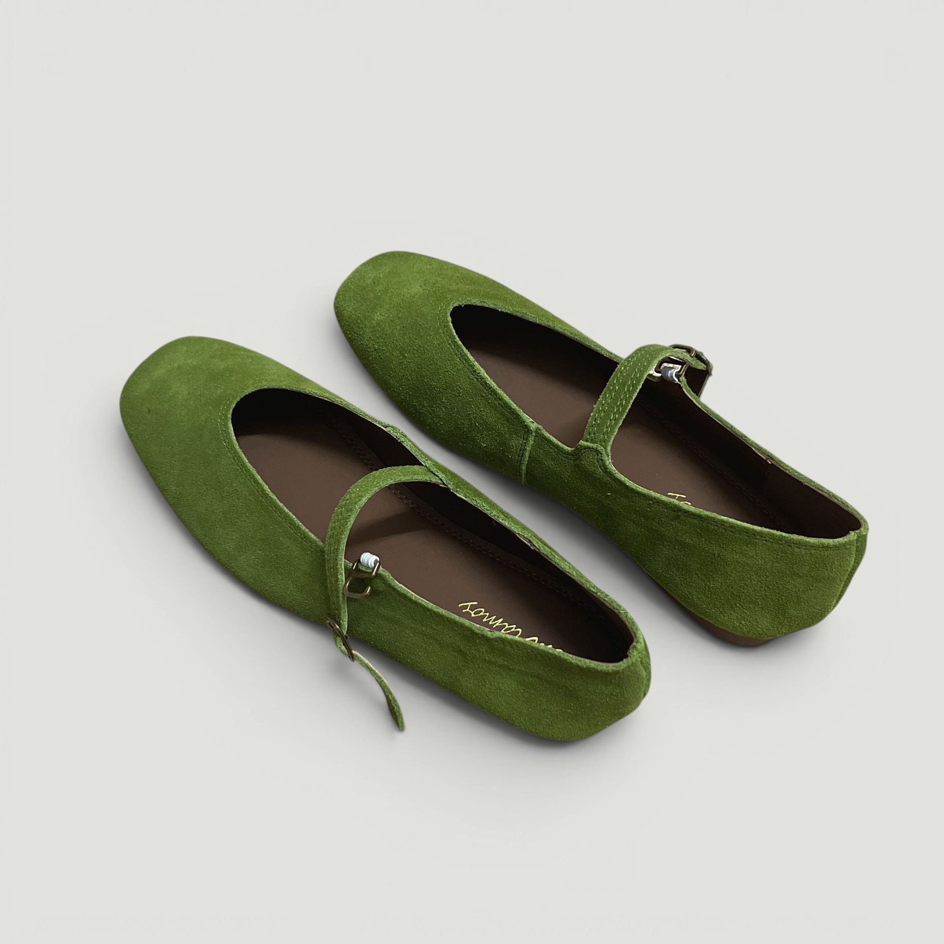 ZOFIA ATELIER green suede flat square toe Mary Jane pumps with buckle strap