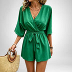 ZOFIA ATELIER green V-neck polyester short jumpsuit with tie waist and regular sleeves