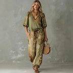 ZOFIA ATELIER green polyester V-neck puff sleeve top with matching patterned pants