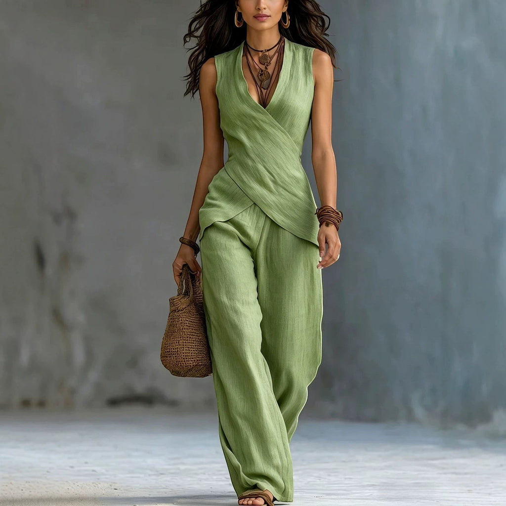 ZOFIA ATELIER MAJA V-neck casual set in light green polyester with wide-leg pants and a wrap-style top.