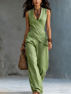 ZOFIA ATELIER light green V-neck wrap-style sleeveless top and wide-leg trousers set made of polyester.