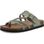 Green sandal with braided straps and a buckle on a white background
