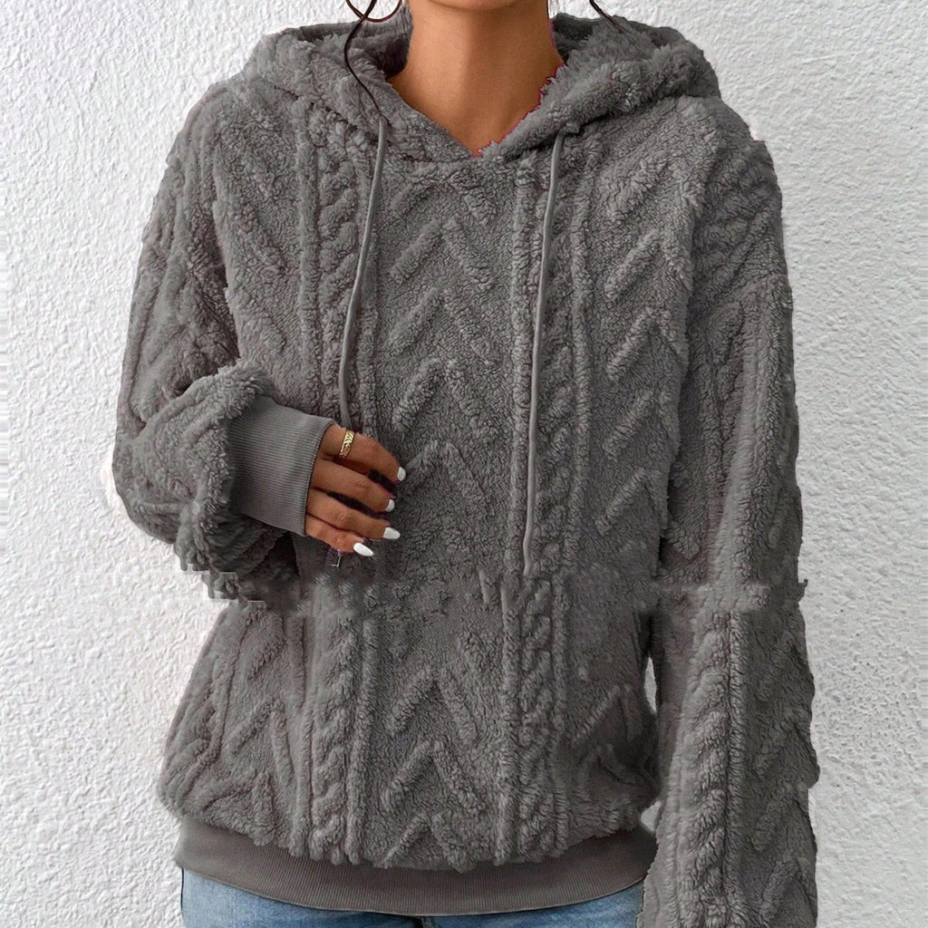 ZOFIA ATELIER medium grey embossed geometric pattern flannel hooded coat with drawstring