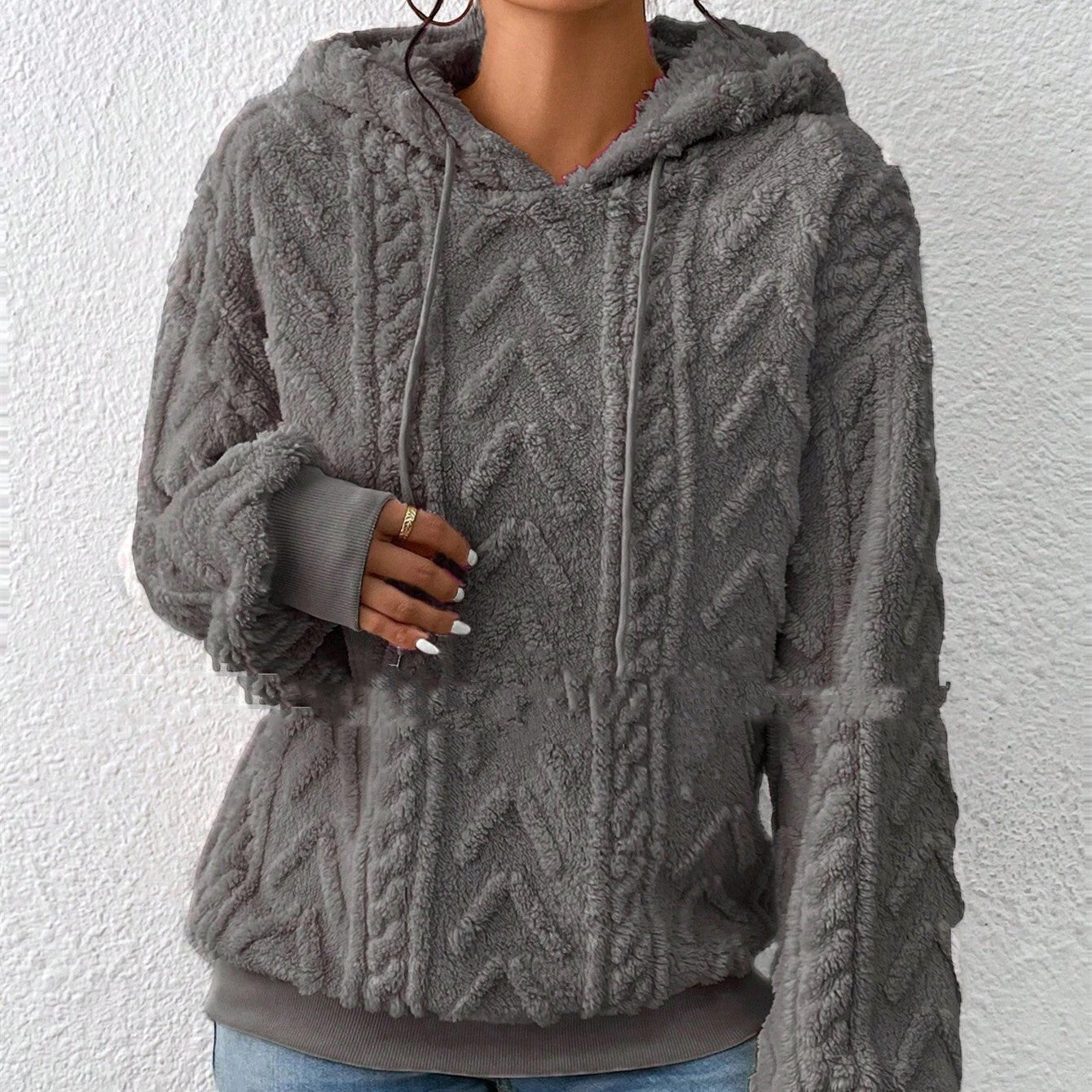 ZOFIA ATELIER medium grey embossed geometric pattern flannel hooded coat with drawstring