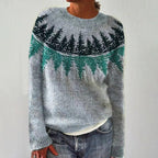 ZOFIA ATELIER grey knit pullover sweater with green and black forest tree pattern on yoke and sleeves.