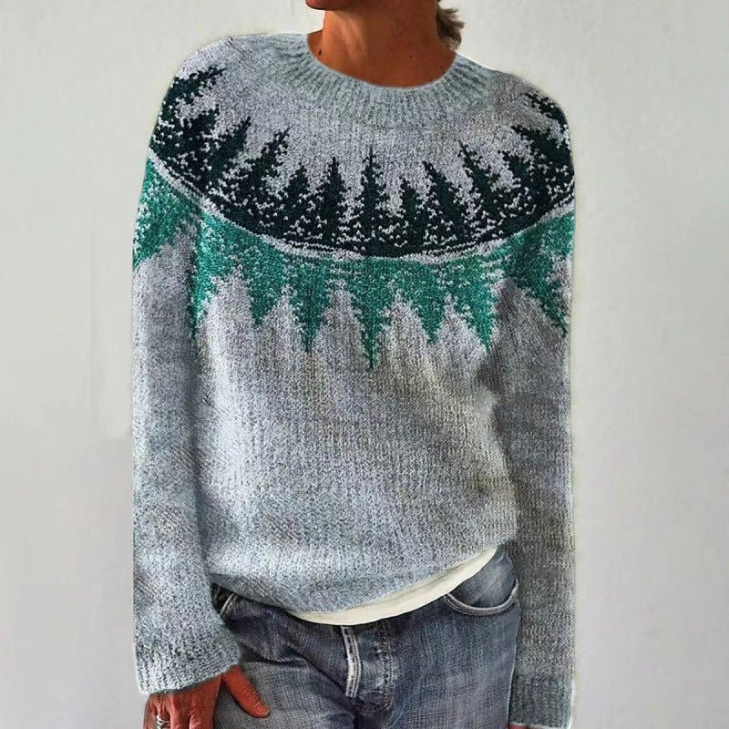 ZOFIA ATELIER grey knit pullover sweater with green and black forest tree pattern on yoke and sleeves.