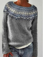 ZOFIA ATELIER grey acrylic pullover sweater with blue and white geometric yoke pattern. Round neck, regular sleeves.