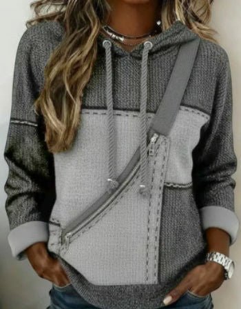 ZOFIA ATELIER grey hooded top with long sleeves and a 3D effect digital print. Polyester material.
