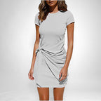 ZOFIA ATELIER light grey short-sleeve cotton blend dress with a tie-knot detail at the waist.