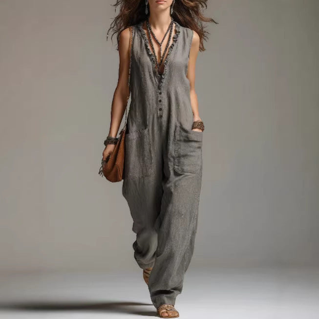 ZOFIA ATELIER grey polyester fiber sleeveless lace trim jumpsuit with pockets and straight fit.