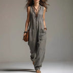 ZOFIA ATELIER grey polyester fiber sleeveless lace trim jumpsuit with pockets and straight fit.