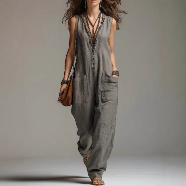 ZOFIA ATELIER grey polyester fiber sleeveless lace trim jumpsuit with pockets and straight fit.