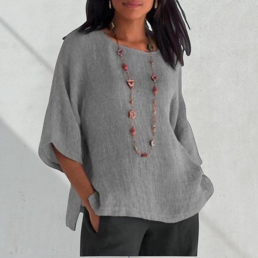 ZOFIA ATELIER grey linen-blend blouse with relaxed fit and statement necklace