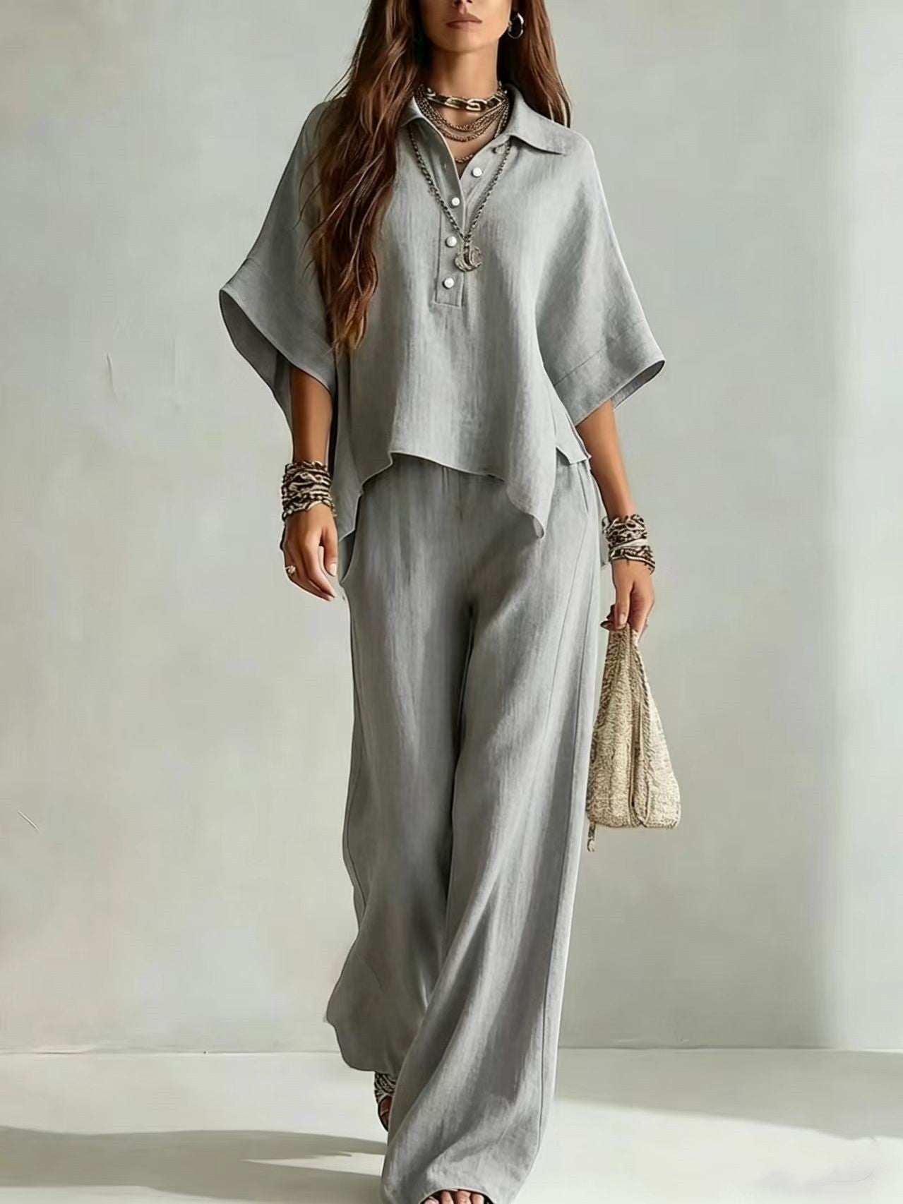ZOFIA ATELIER grey linen short sleeve collared shirt and wide leg pants two-piece set