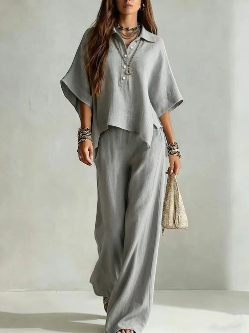 ZOFIA ATELIER grey linen short sleeve collared shirt and wide leg pants two-piece set