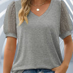 ZOFIA ATELIER grey mesh puff sleeve blouse with V-neck and dotted texture on sleeves.