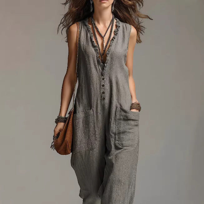 ZOFIA ATELIER grey polyester lace accent sleeveless straight fit jumpsuit with pockets