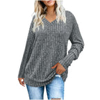 ZOFIA ATELIER grey ribbed V-neck long sleeve t-shirt with a relaxed fit and a subtle 3D stripe effect.