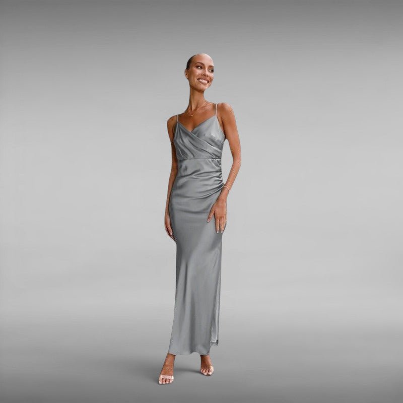 ZOFIA ATELIER light grey satin spaghetti strap slim-fitting maxi dress with a high slit.